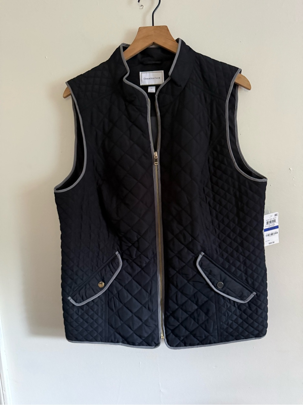 Charter Club Black Quilted Vest with Gray Trim